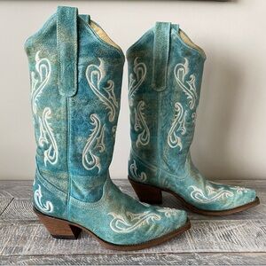 Corral-Turquoise Cortez/Cream Aged Leather Snip Toe Western Boots (Size:7.5)
